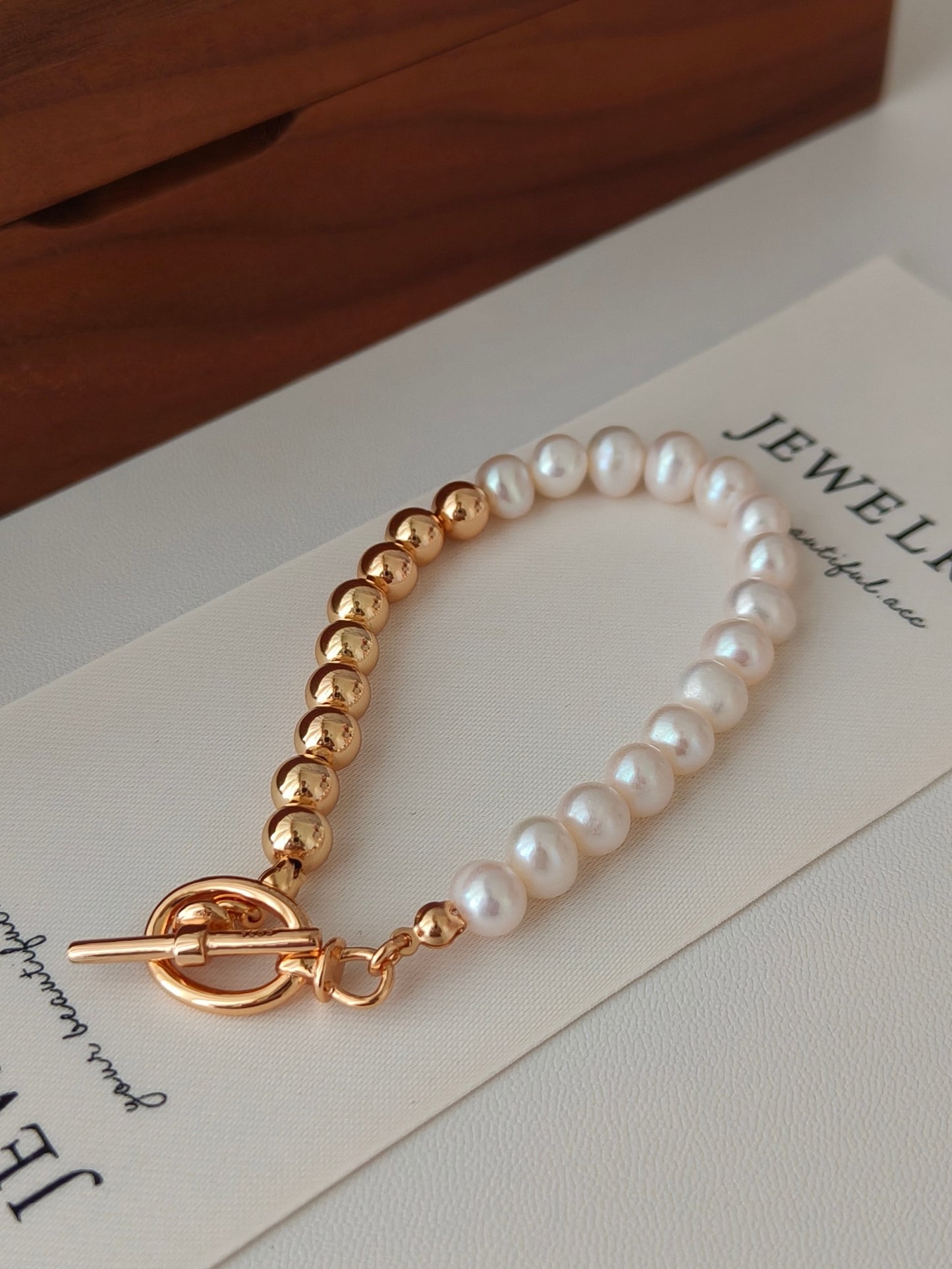 Golden Sphere & Pearl Charm Bracelet