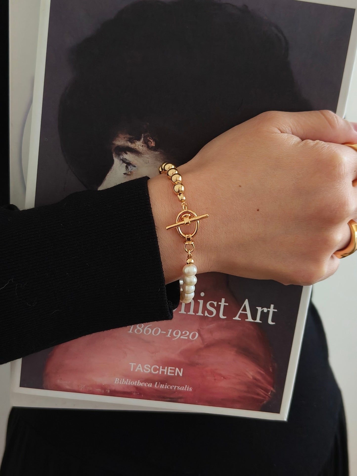 Golden Sphere & Pearl Charm Bracelet