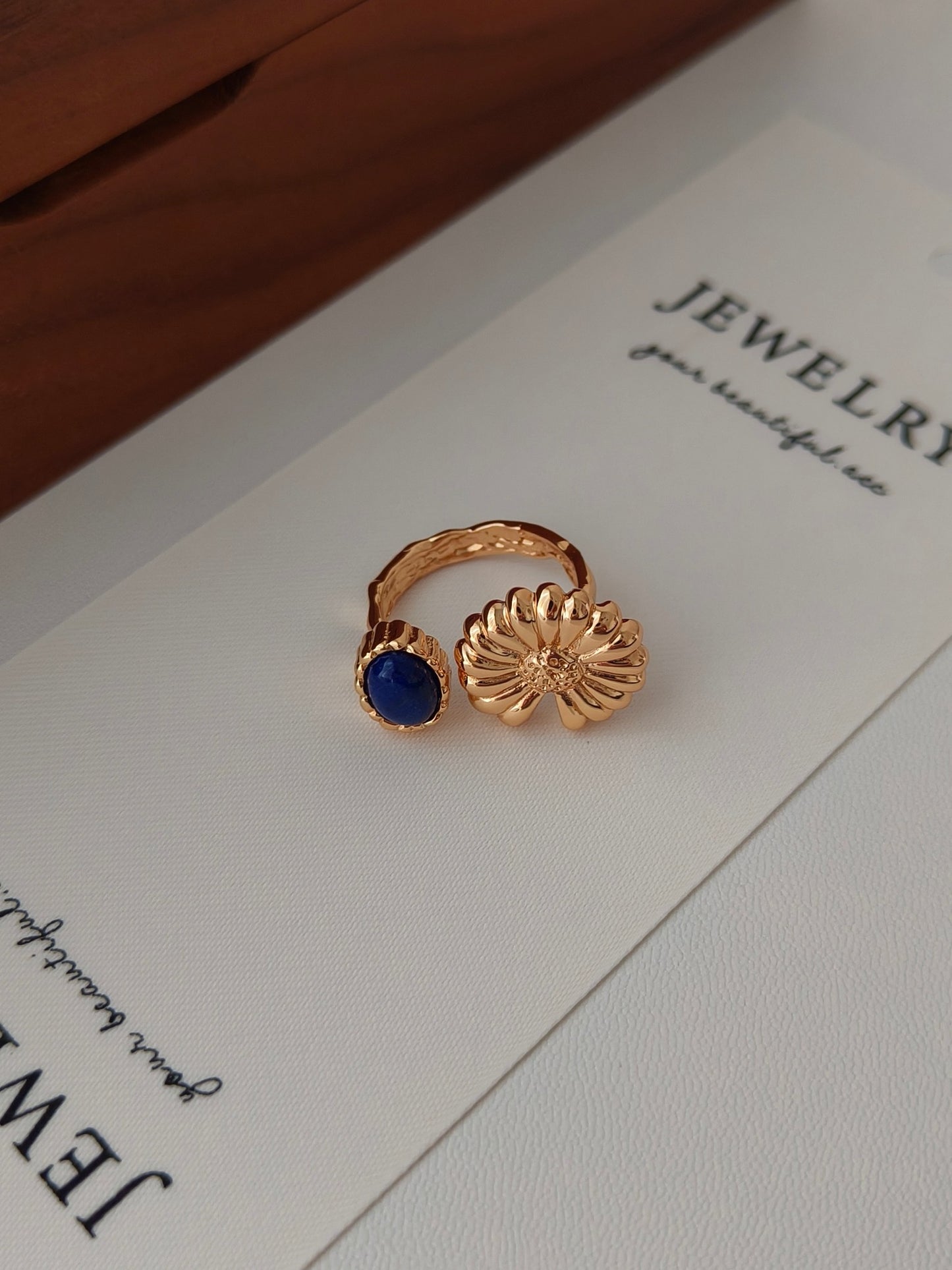 Lapis Lazuli Stone Golden Daisy Ring