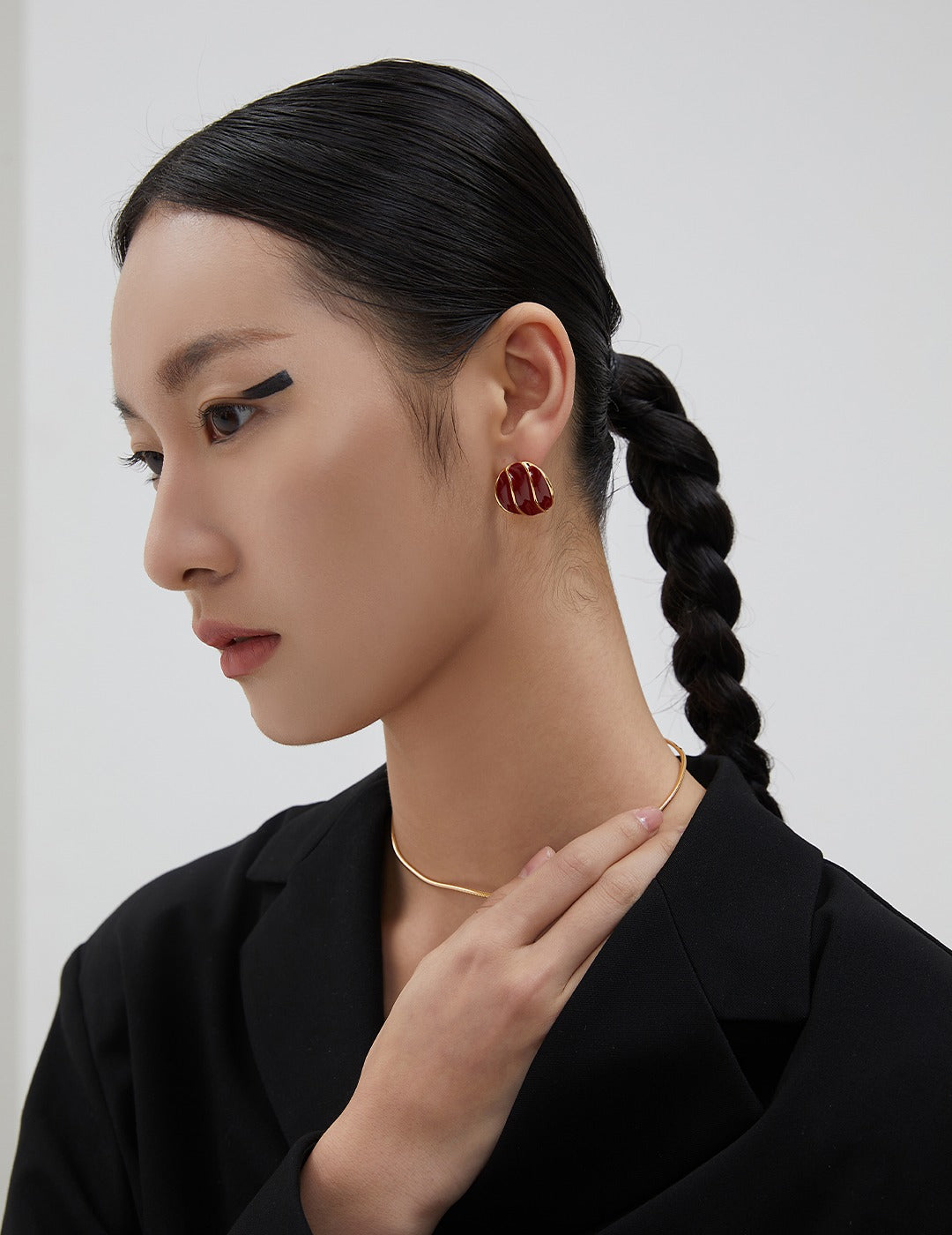 Red Glazed Wave Button Earrings