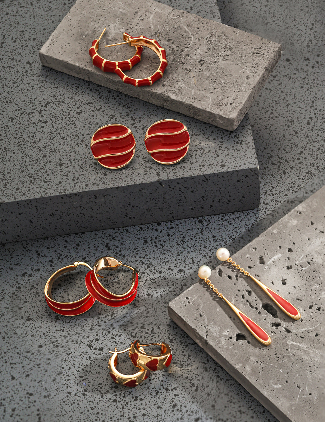 Red Glazed Wave Button Earrings