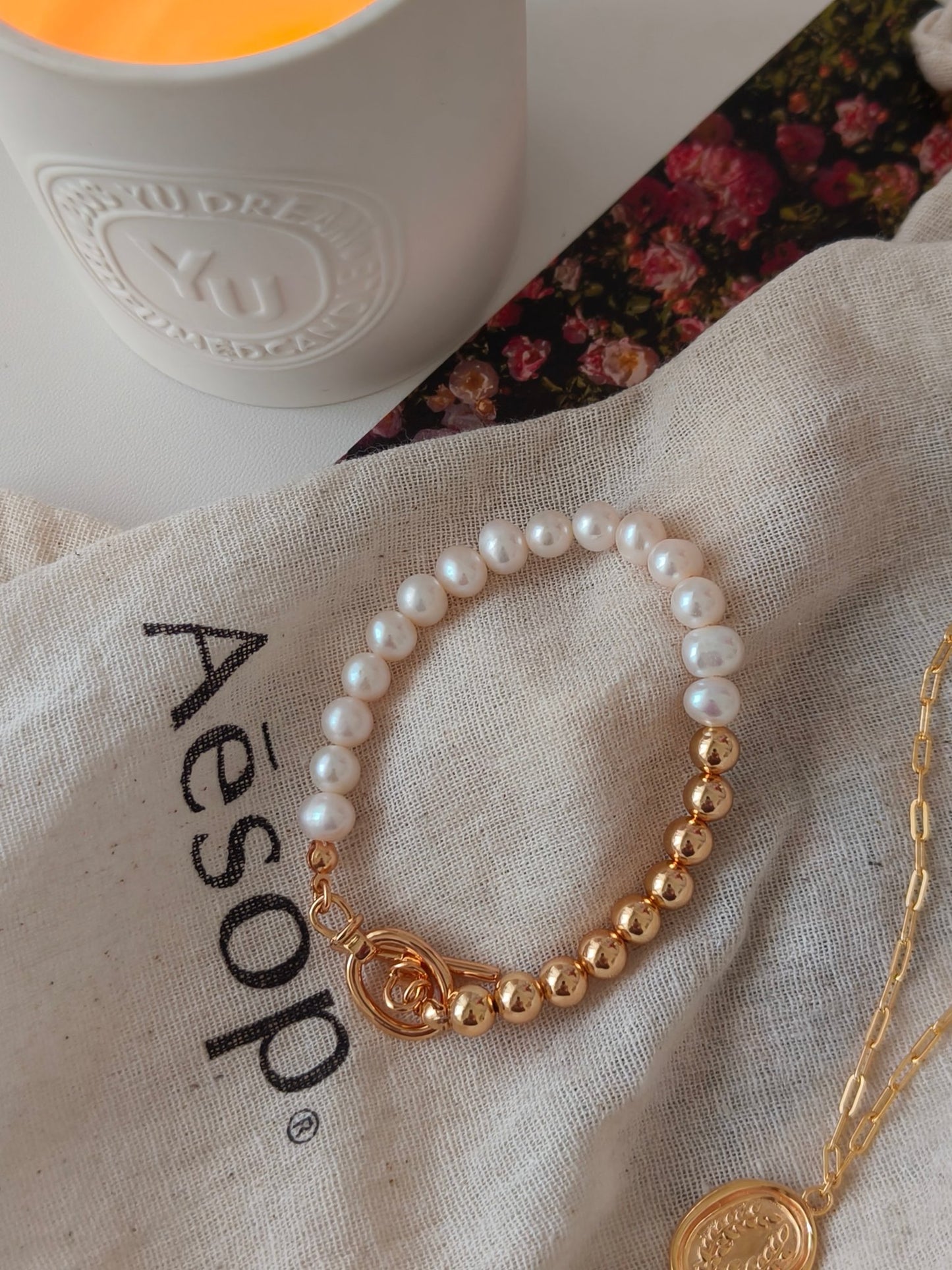 Golden Sphere & Pearl Charm Bracelet