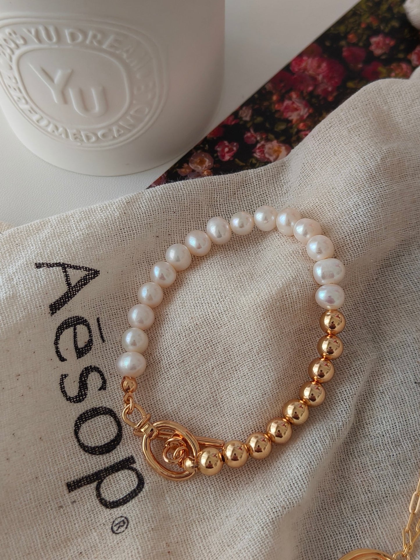 Golden Sphere & Pearl Charm Bracelet