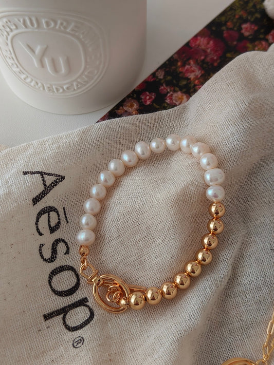 Golden Sphere & Pearl Charm Bracelet