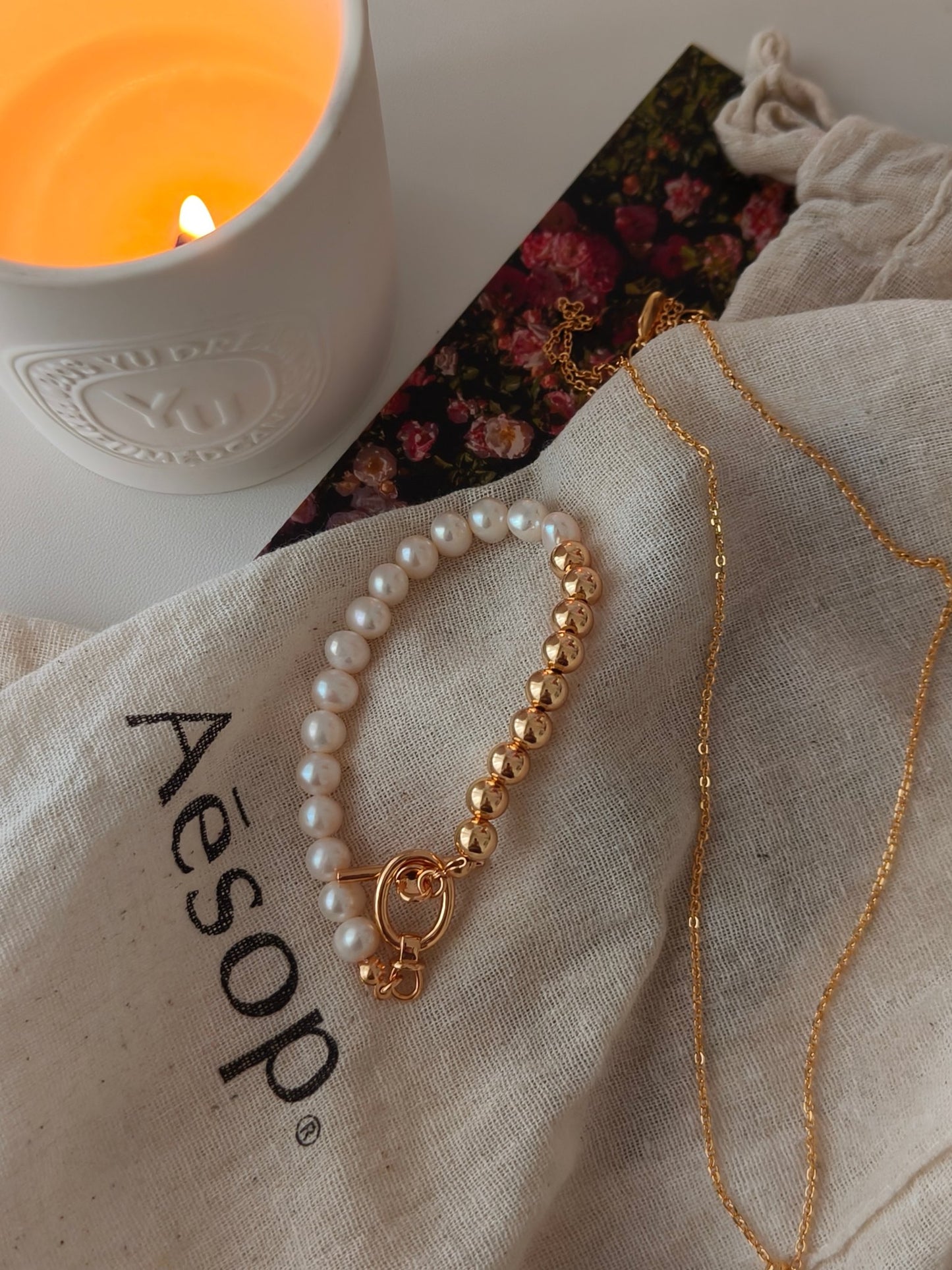 Golden Sphere & Pearl Charm Bracelet
