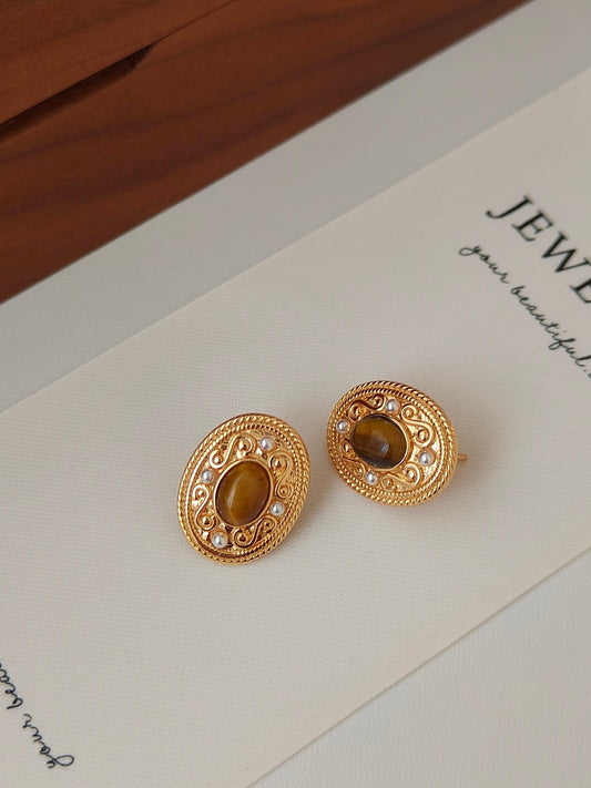 Tiger Eye Stone Oval Earrings