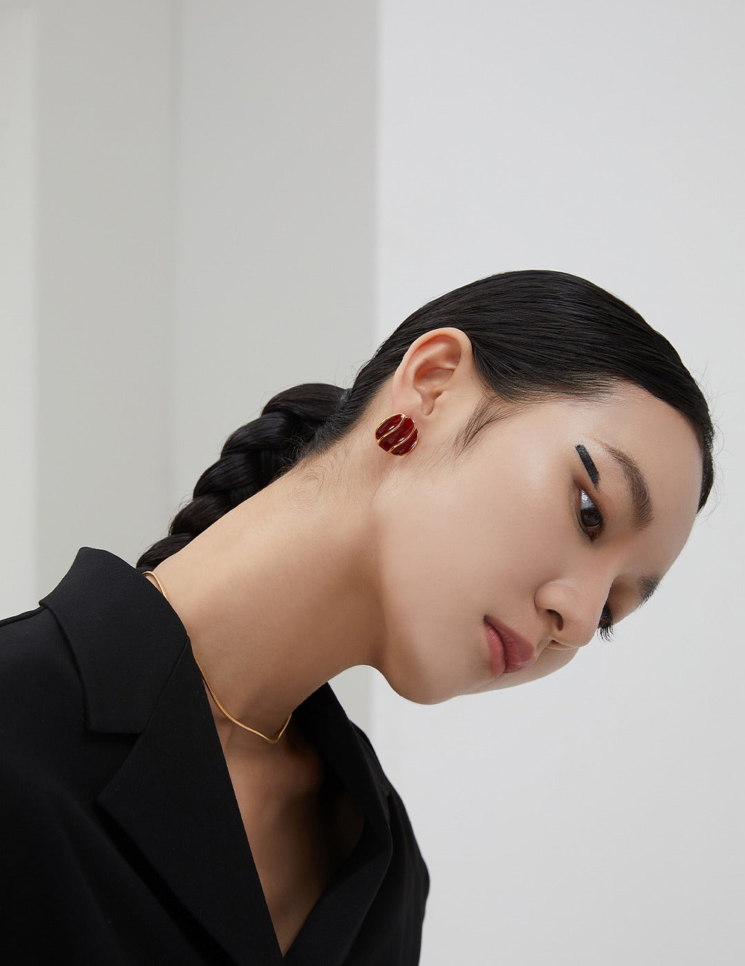 Red Glazed Wave Button Earrings
