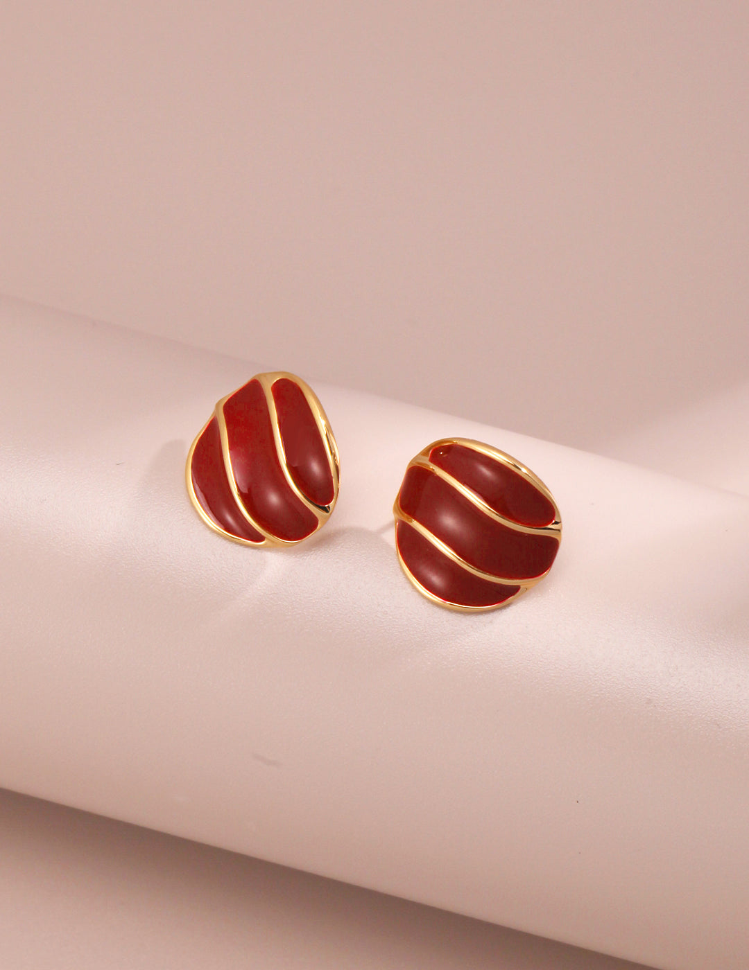 Red Glazed Wave Button Earrings