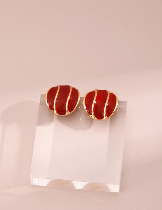 Red Glazed Wave Button Earrings