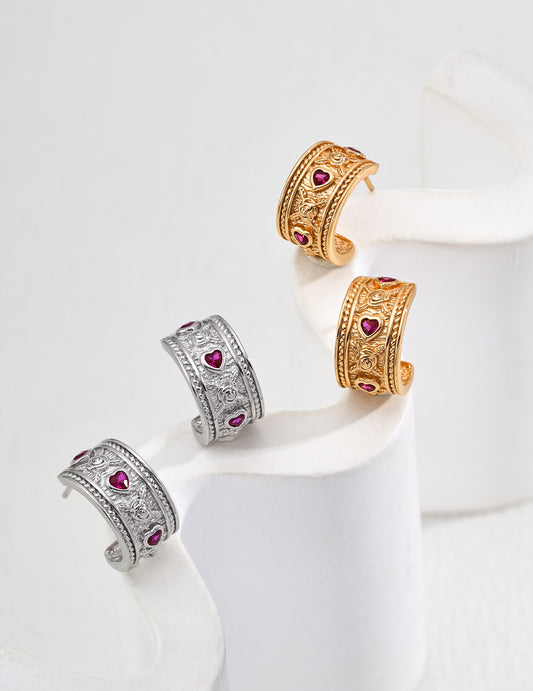 Vintage Heart Zirconia Hoop Earrings